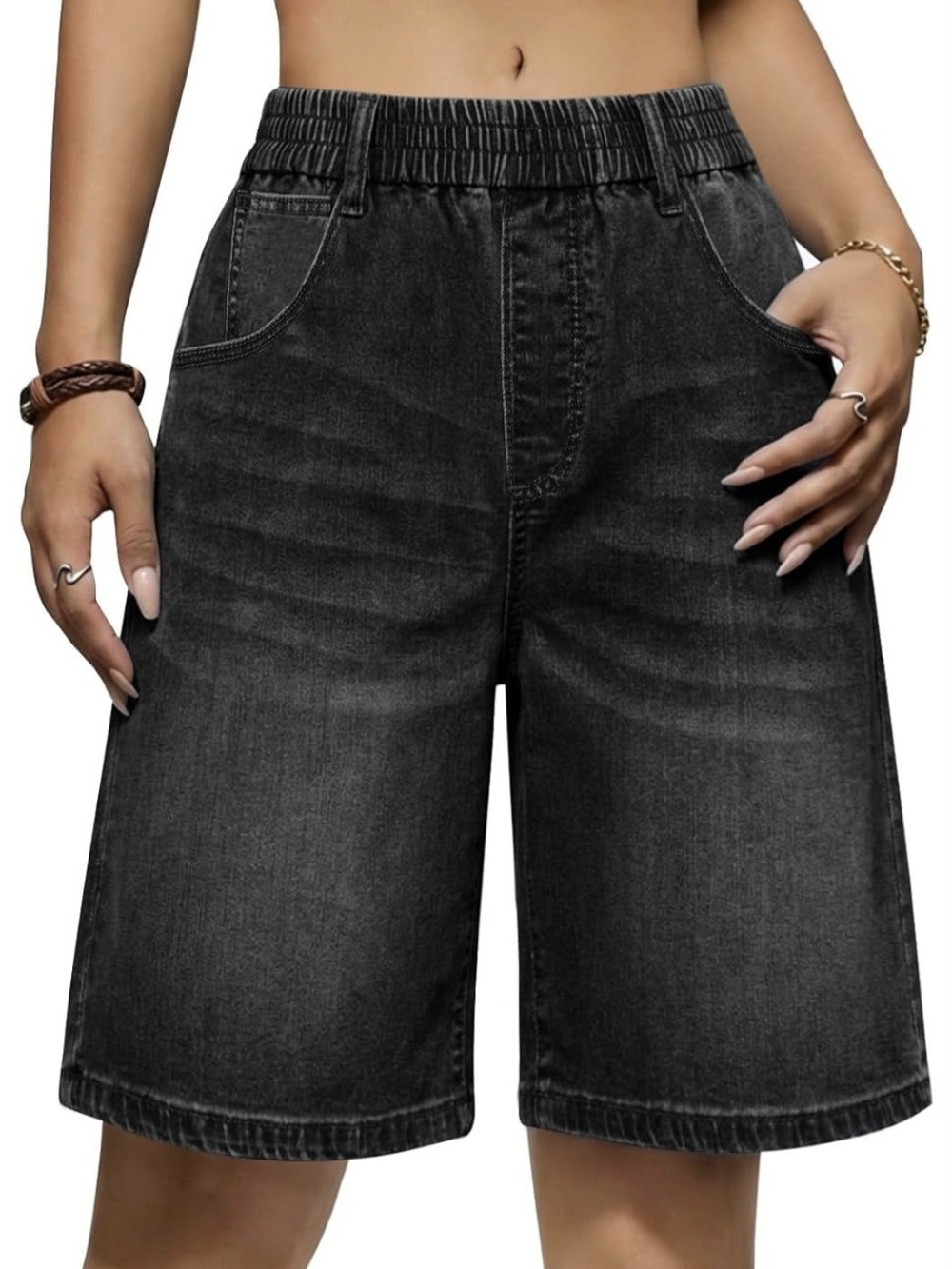 Yousify Womens Bermuda Jean Shorts Elastic Waist Knee Length Black Size 10